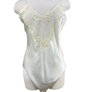 GO SOFTLY Womens (M)Ivory Satin Beaded Lace Teddy Bodysuit Lingerie Sheer Bridal